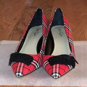 RED, BLACK & WHITE PLAID KITTEN HEEL PUMPS